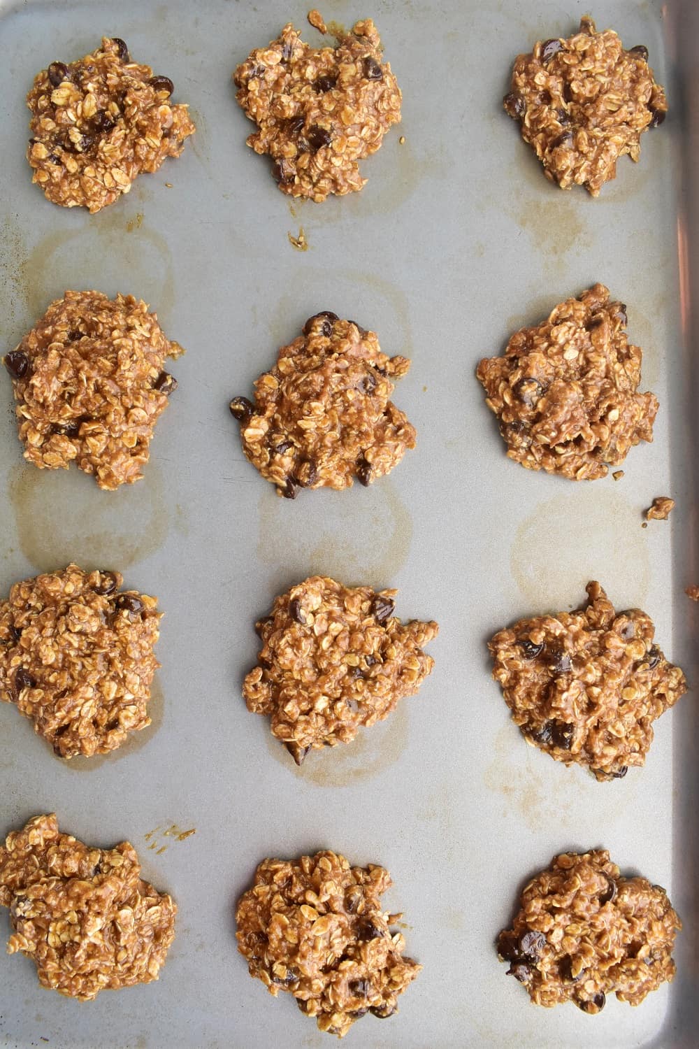 Almond butter oatmeal cookie dough on a pan