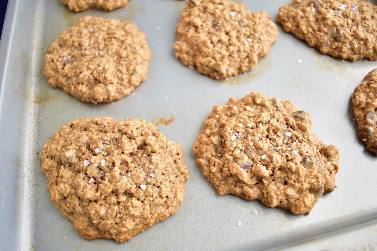 Almond butter oatmeal cookies topped with sea salt