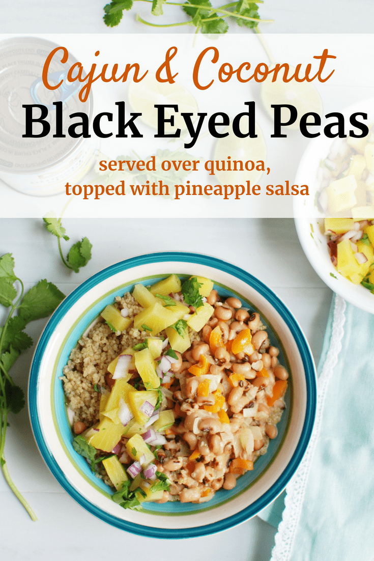Vegan black eyed peas served over quinoa with pineapple salsa
