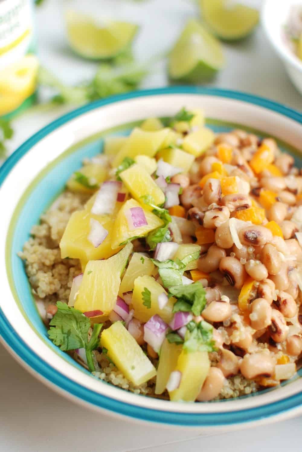 Cajun black eyed peas topped with pineapple salsa