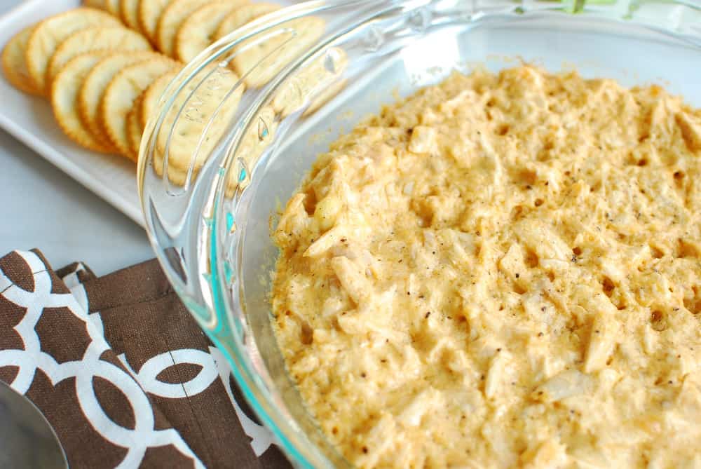 Casserole dish with dairy free buffalo chicken dip