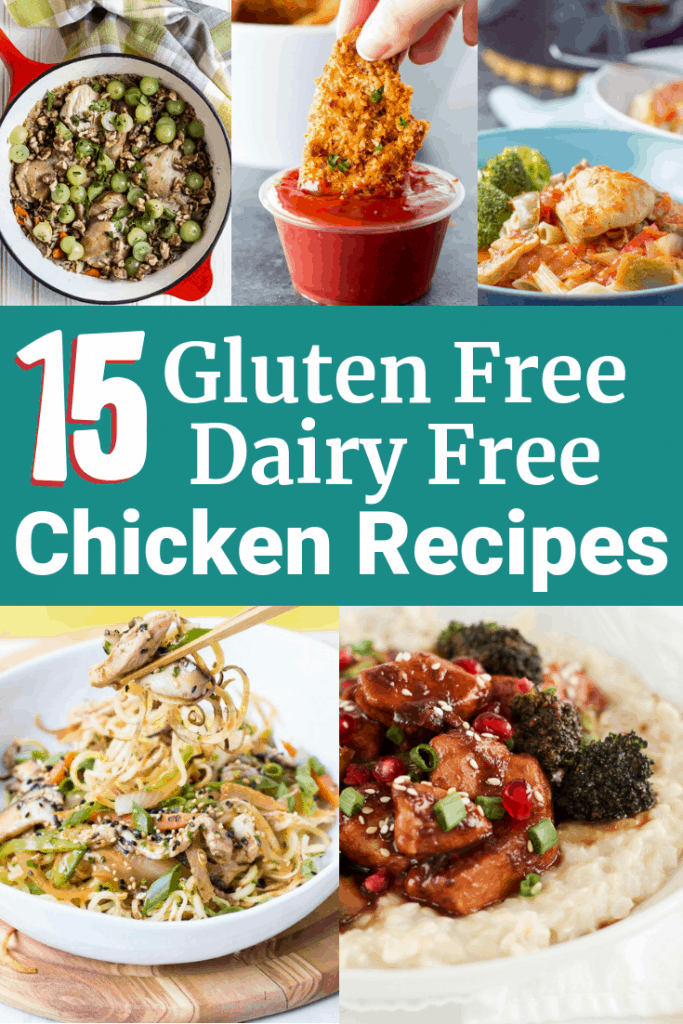 Several plates with chicken meals, with a text overlay that says gluten free dairy free chicken recipes