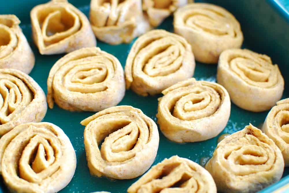 Easy pumpkin cinnamon rolls going in the oven