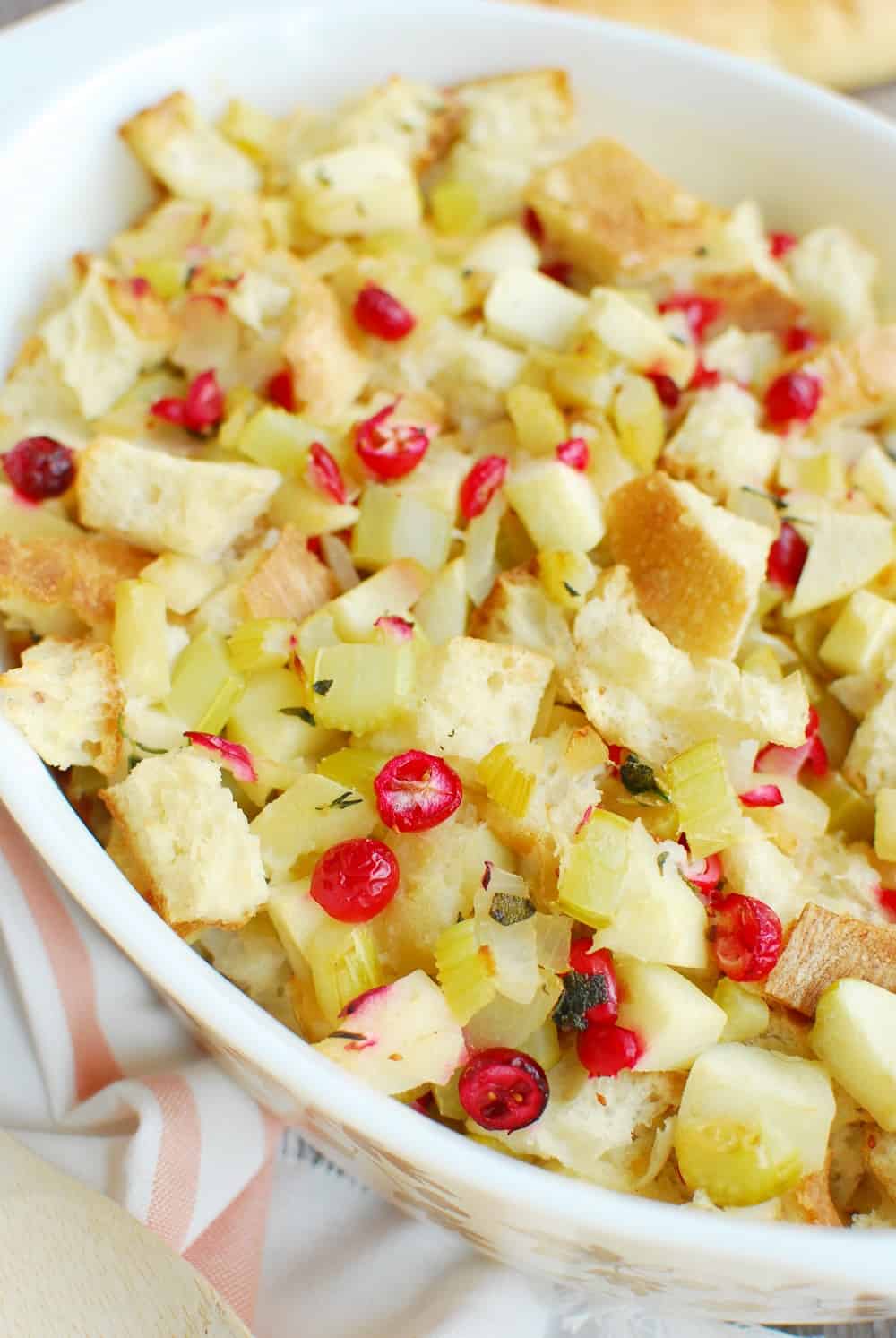 Dairy free stuffing with cranberries and apples in a casserole dish