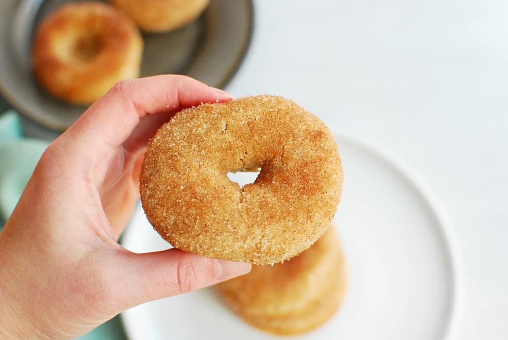 a woman's hand holding a dairy free cinnamon sugar donut