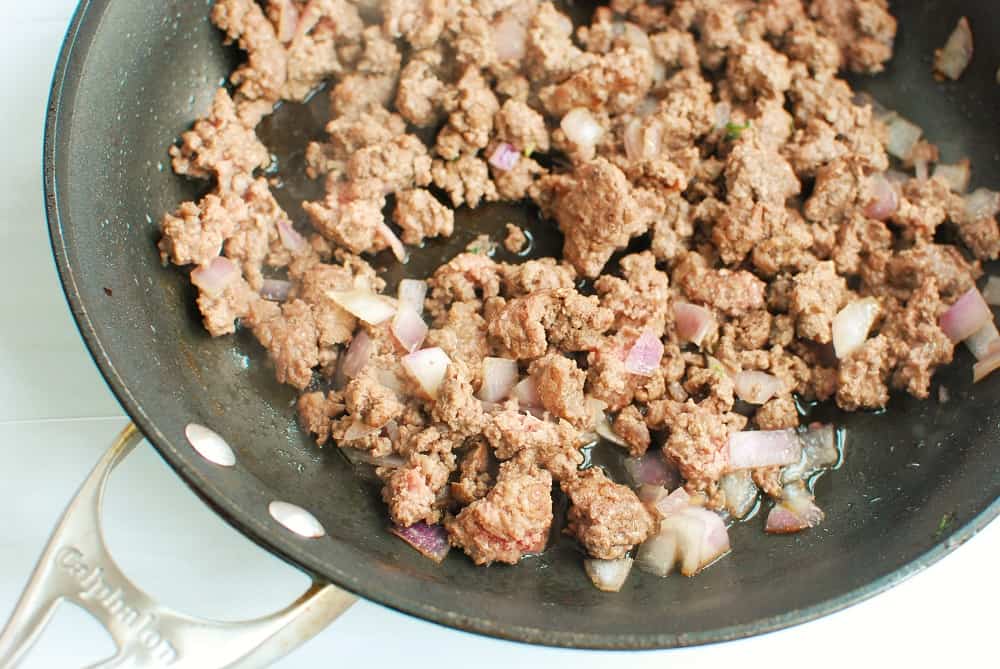 Ground beef in a saute pan