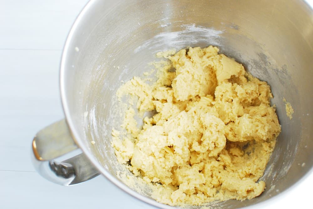 Dairy free cookie dough for cookie bars in a mixing bowl