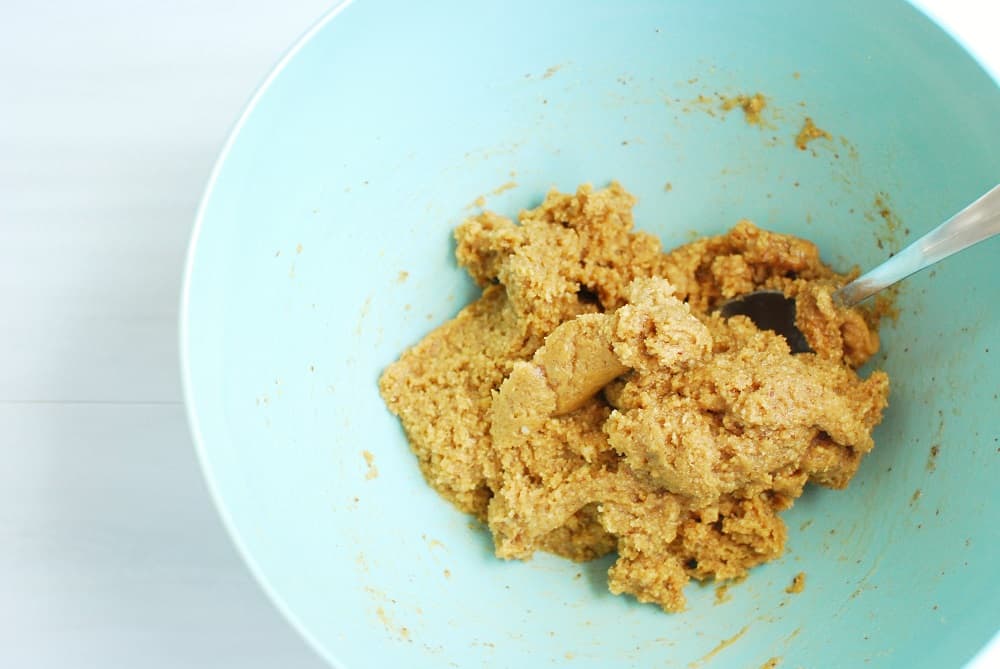 Vegan peanut butter cookie dough in a large mixing bowl