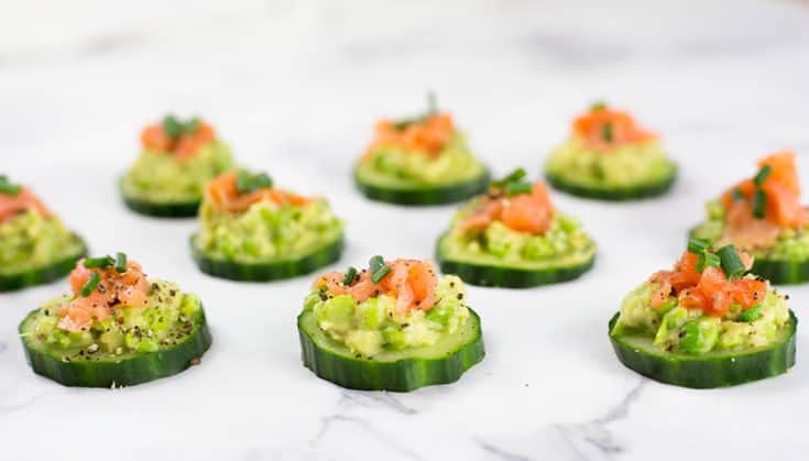 Dairy Free Salmon Cucumber Bites on a marble countertop