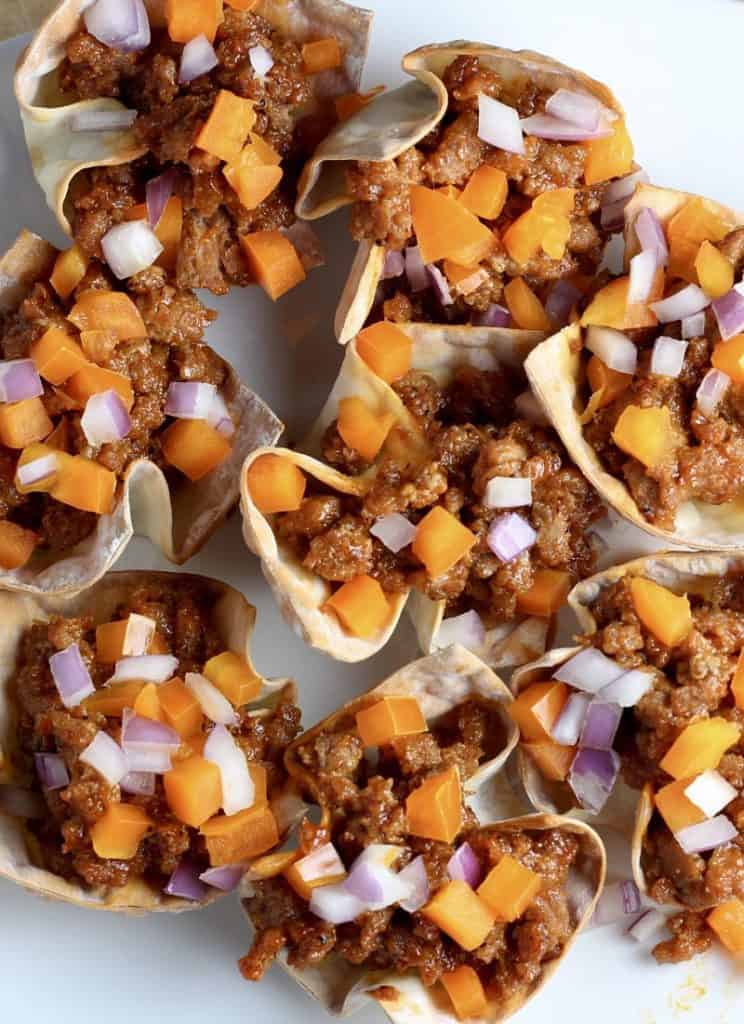 Sloppy Joe Wonton Cup Appetizer on a white plate