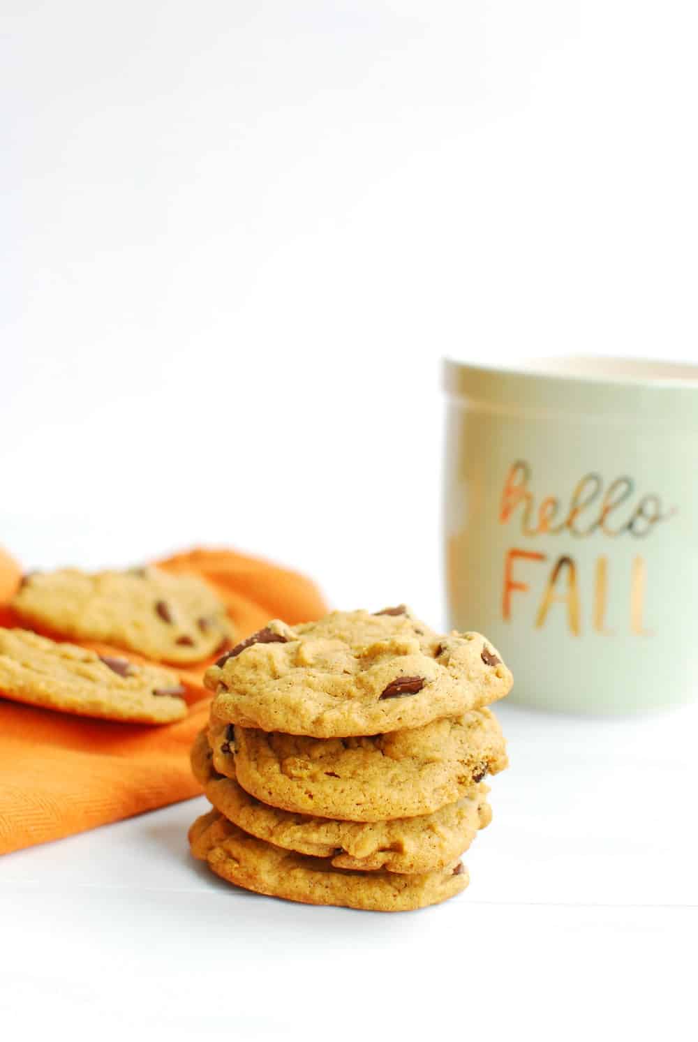 A stack of vegan pumpkin chocolate chip cookies