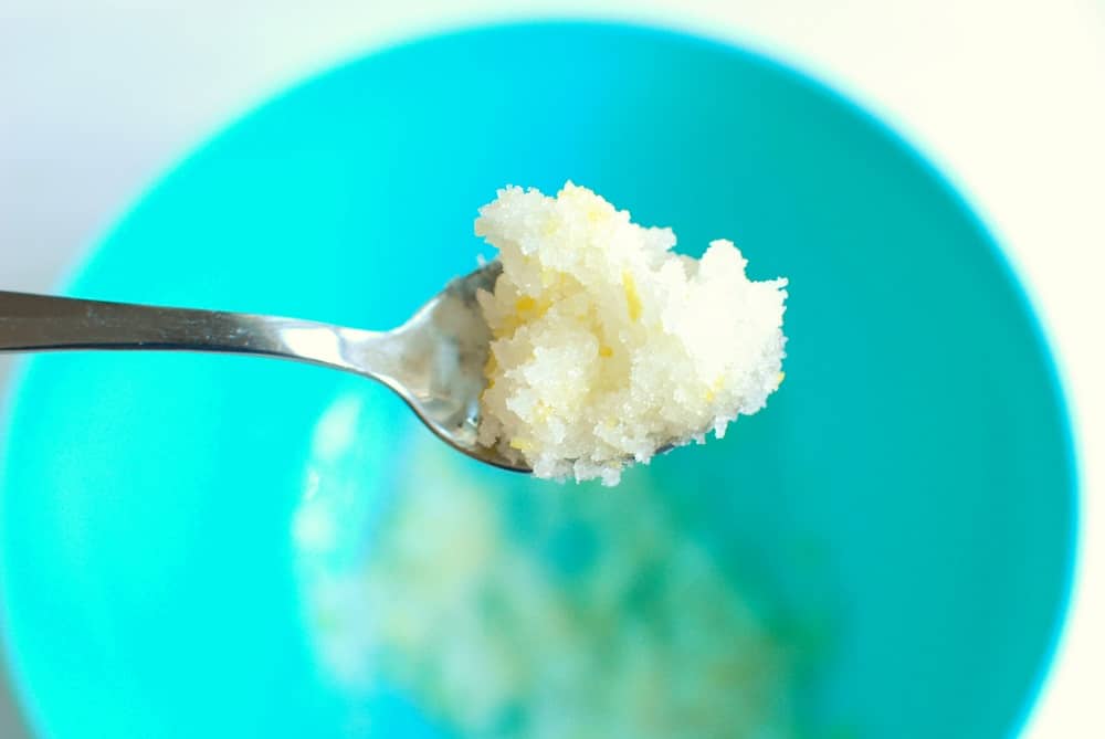 Lemon zest, juice, and sugar in a bowl