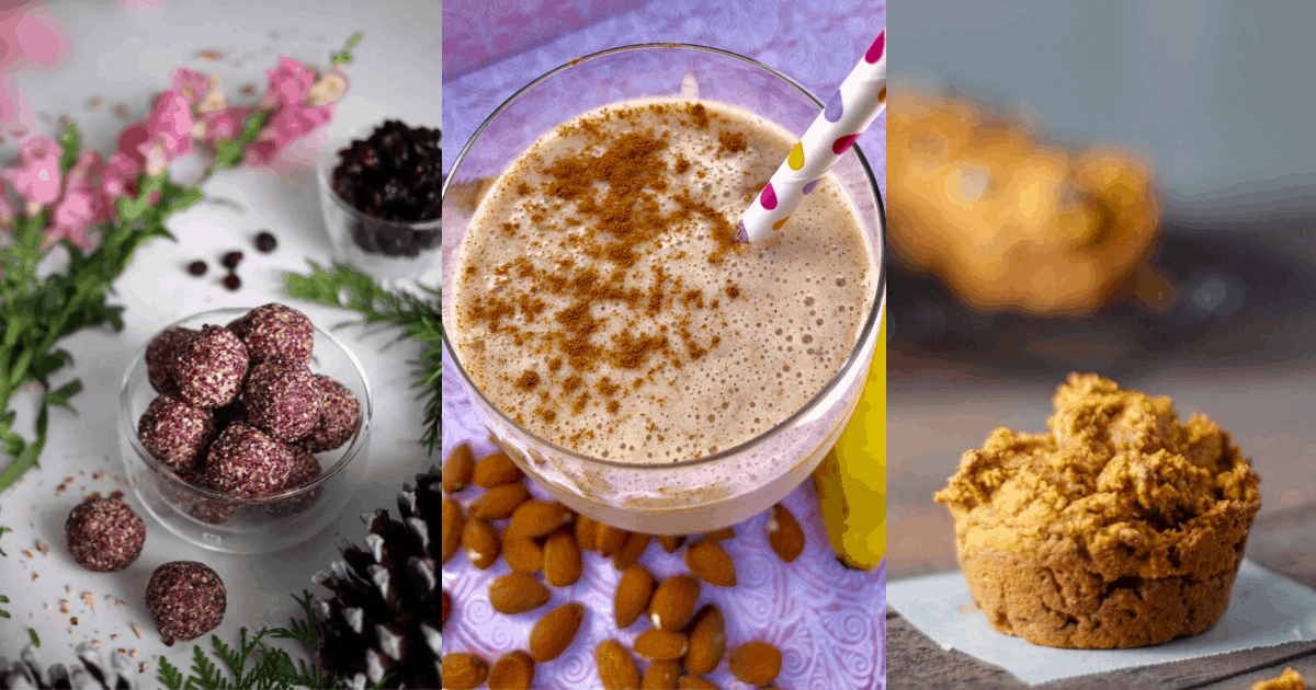 cranberry energy bites, a banana smoothie, and pumpkin muffins