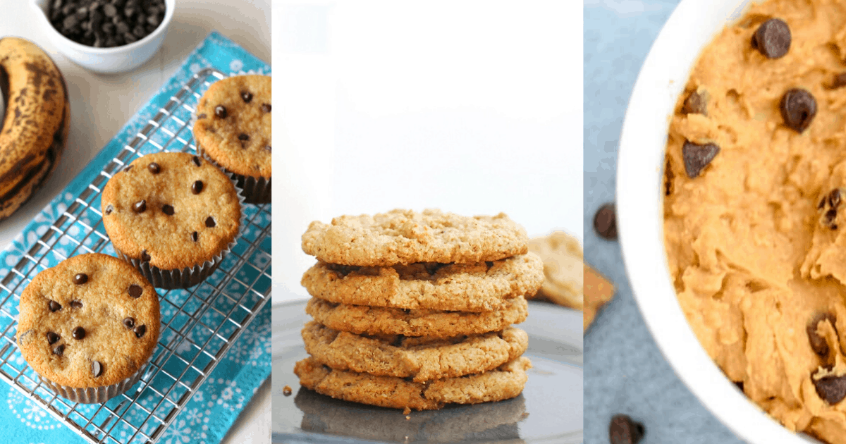 banana muffins, peanut butter cookies, and sweet potato dip