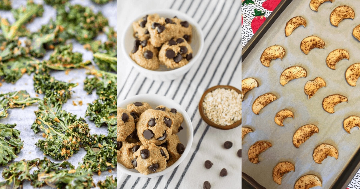 an assortment of gluten free dairy free snack recipes including kale chips, almond butter bites, and apple chips