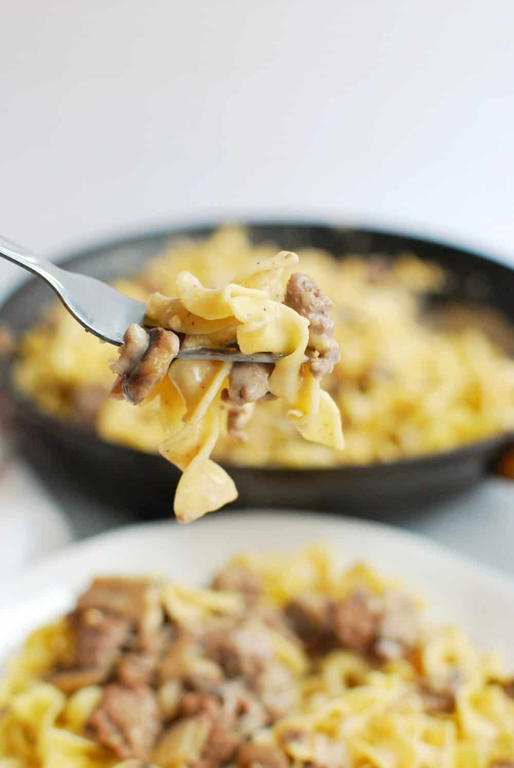 a fork with egg noodles, beef, and mushrooms