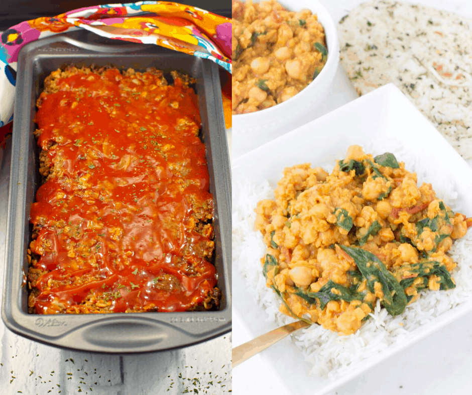 a pan of a meatloaf and a plate of chickpea lentil curry