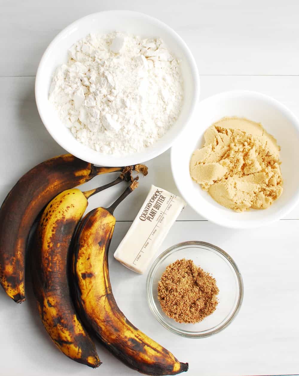 three overripe bananas, ground flax, vegan butter, self-rising flour, and brown sugar