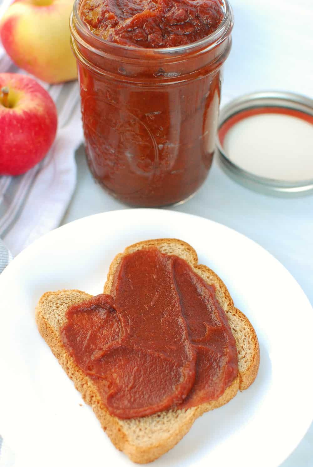 vegan apple butter spread on a slice of toast