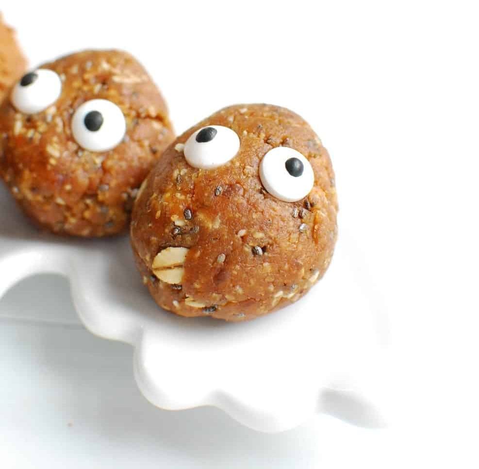 an apple peanut butter energy bite with edible eyeballs