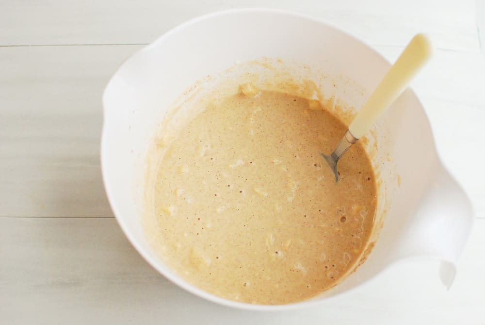 pancake batter in a white mixing bowl