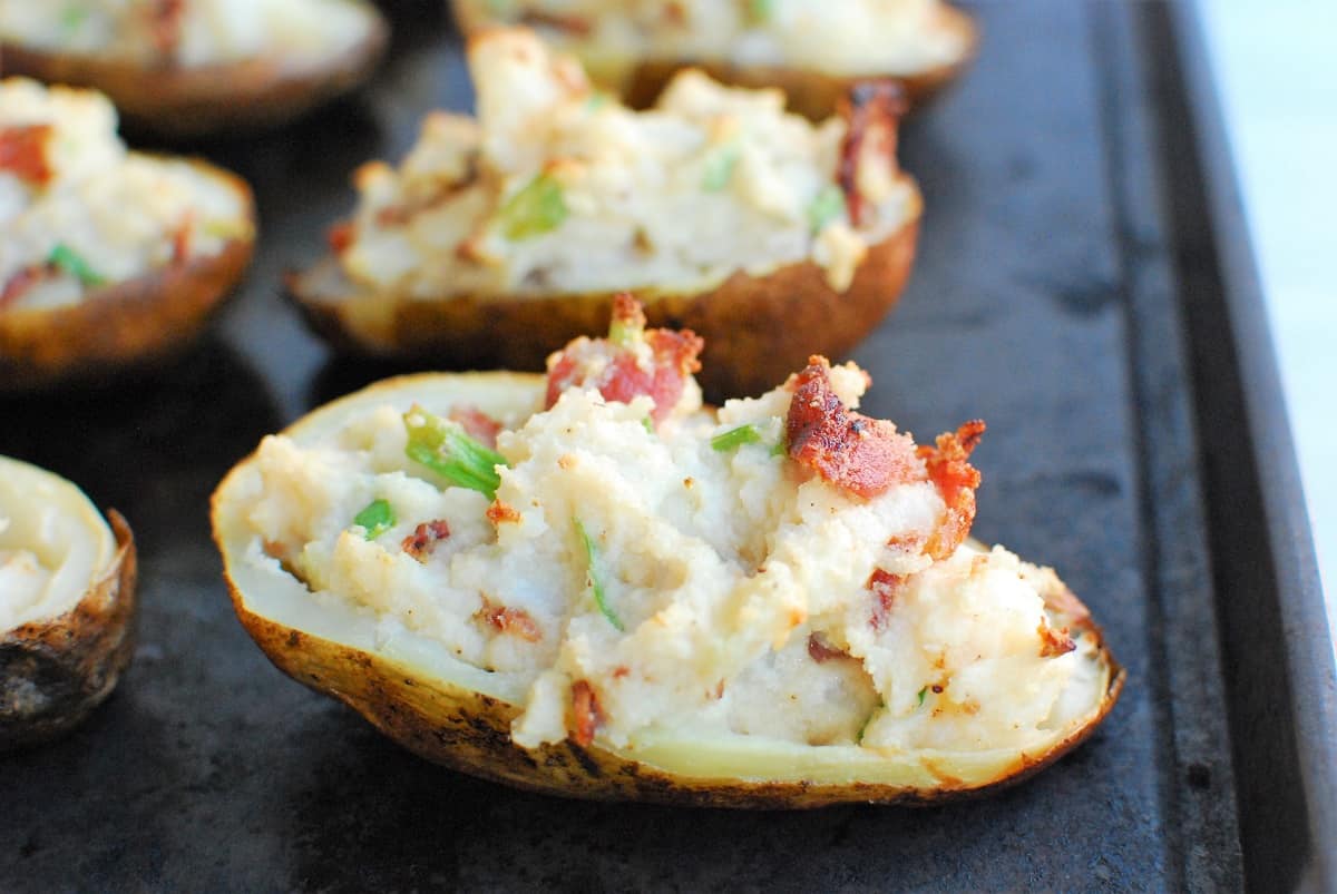 a dairy free twice baked potato on a baking sheet