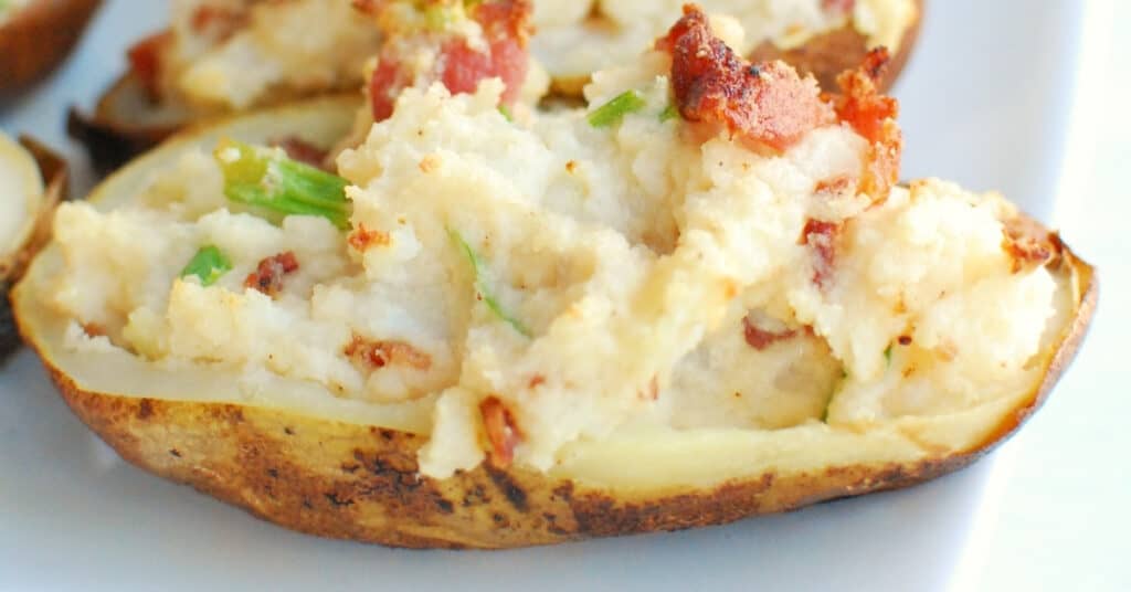 a close up of one dairy free twice baked potato