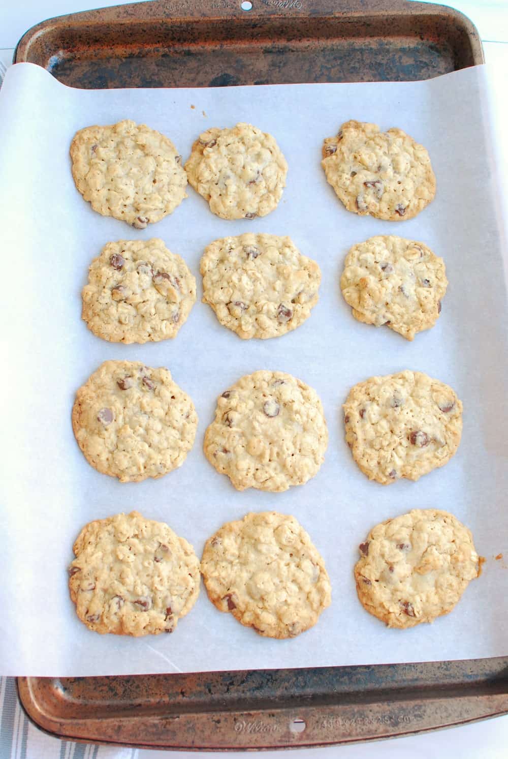 Cookies on a baking sheet lined with parchment paper.