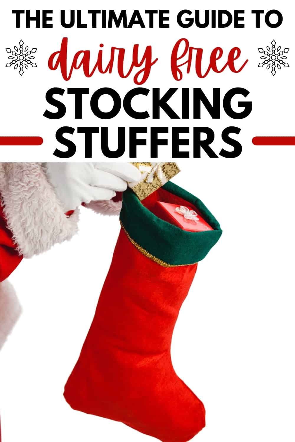 Santa's hand putting a dairy free stocking stuffer into a child's stocking