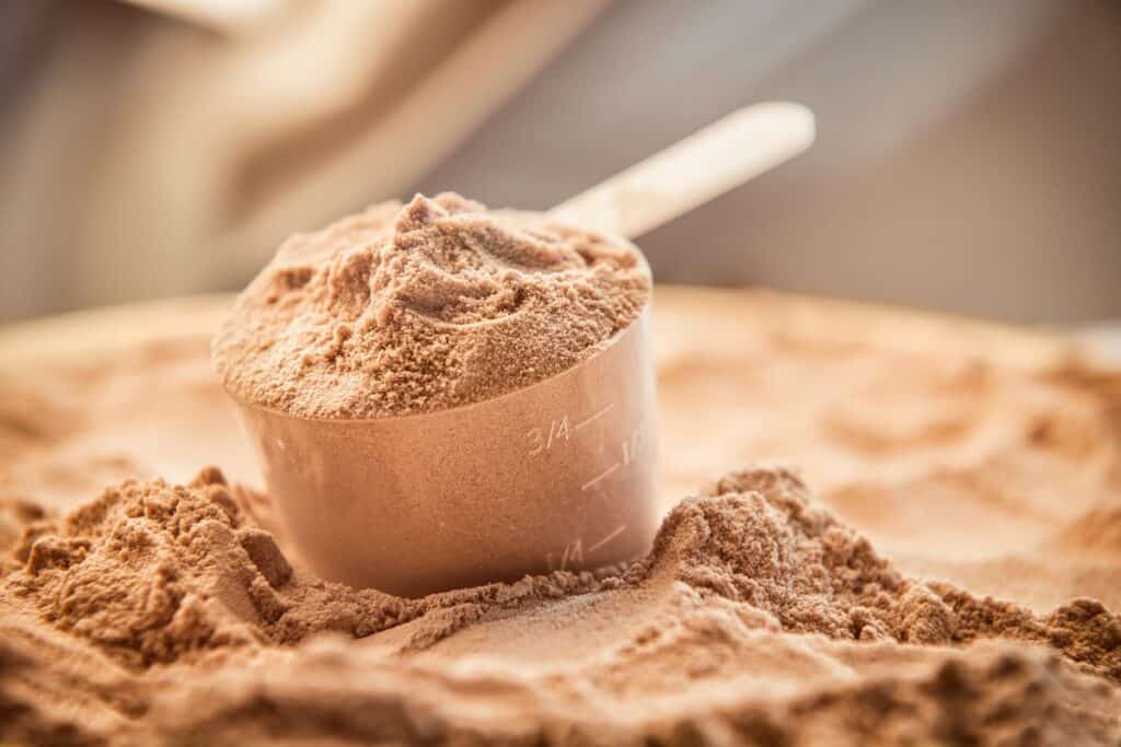 A scoop of chocolate whey protein powder.