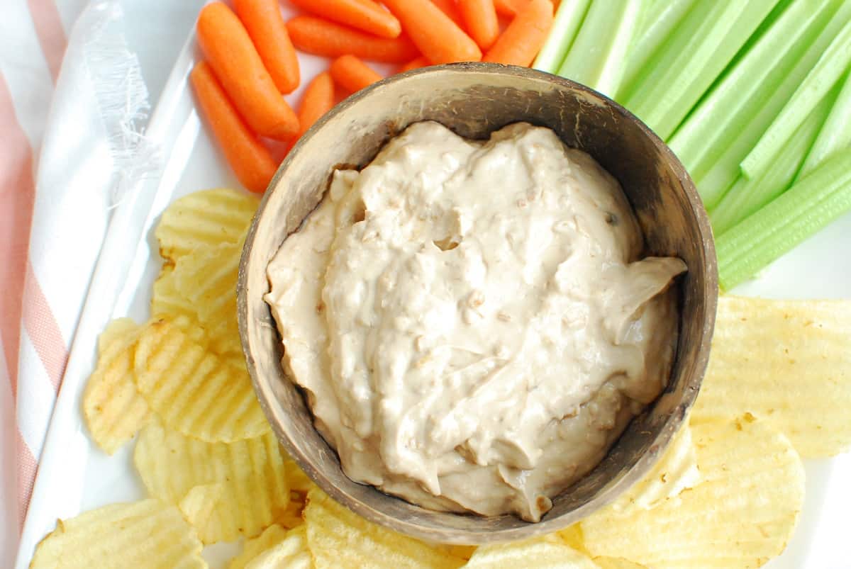 Overhead shot of a bowl of dairy free onion dip.