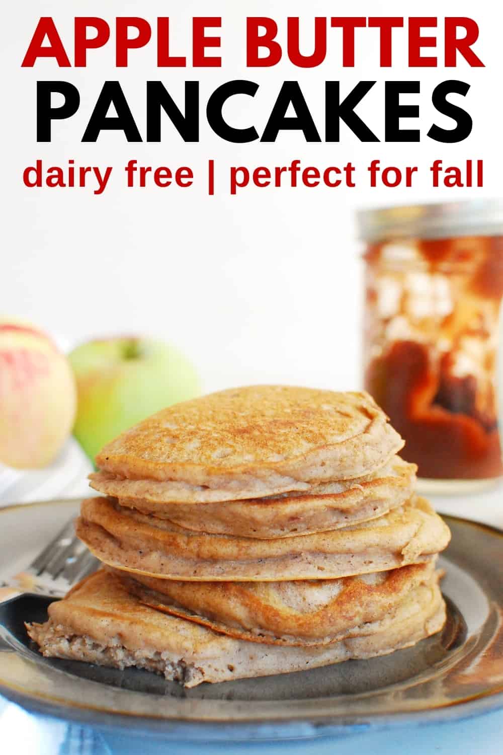 A stack of apple butter pancakes on a plate with a fork.