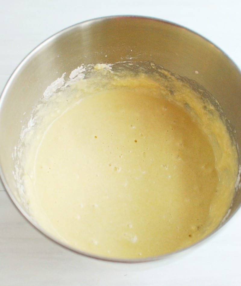 Cake batter in a mixing bowl.