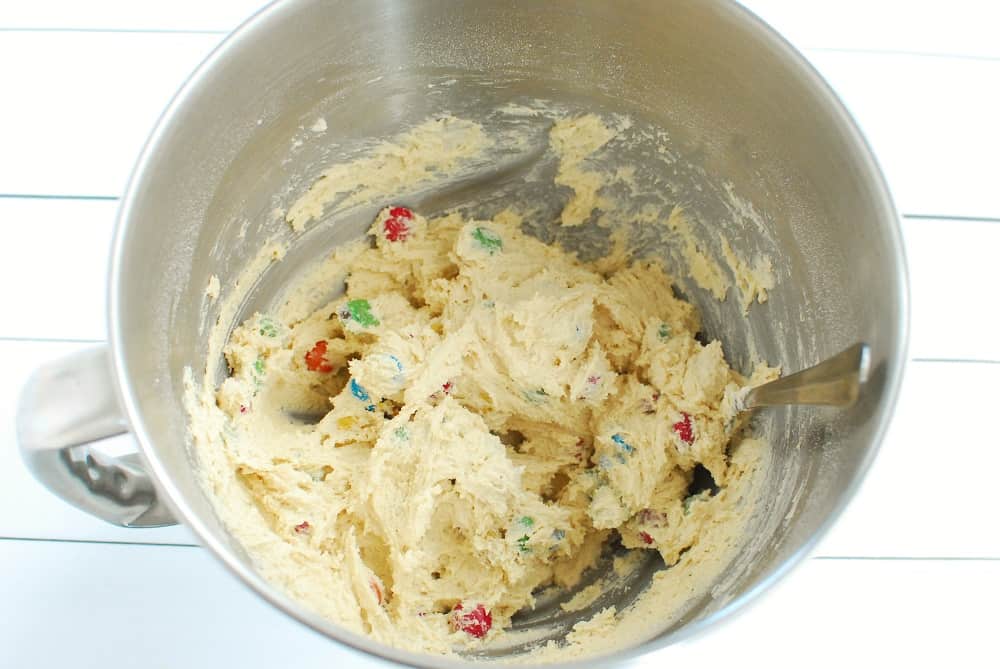 Cookie dough in a mixing bowl.