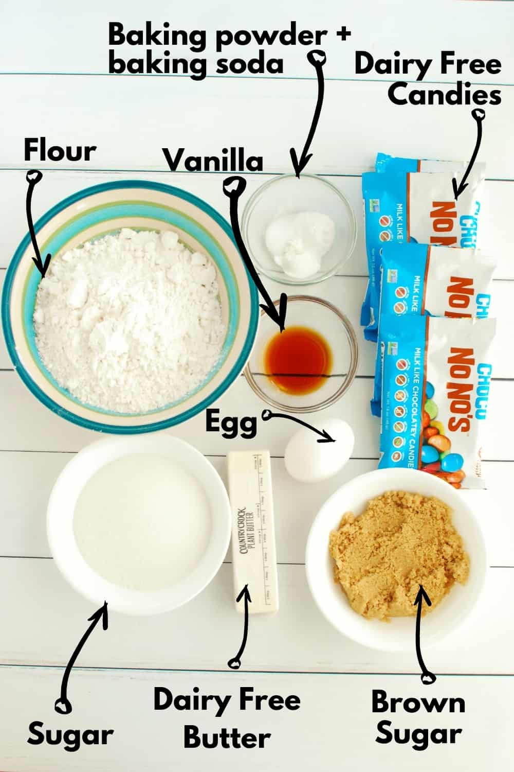 Overhead shot of all the ingredients needed to make cookies.