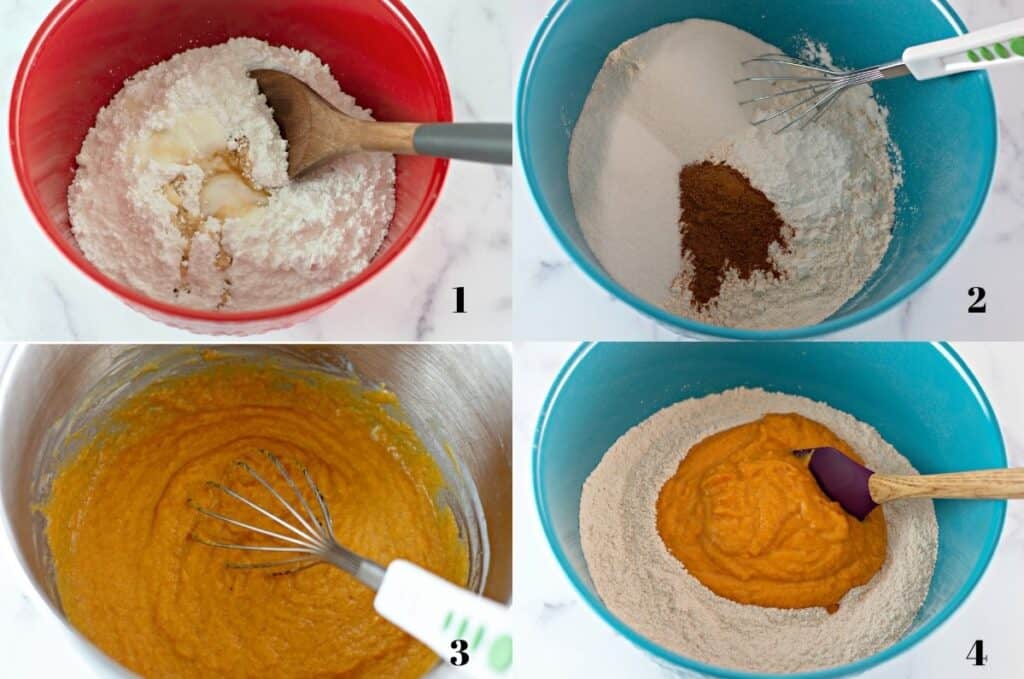 Collage of four images: preparing the glaze, mixing the dry ingredients, mixing the wet ingredients, and combining the dry and wet ingredients.