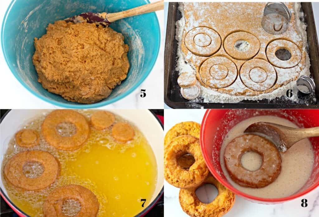 Collage of four images: the final dough in the bowl, cutting out the donuts, frying the donuts, and dipping the donuts in glaze.