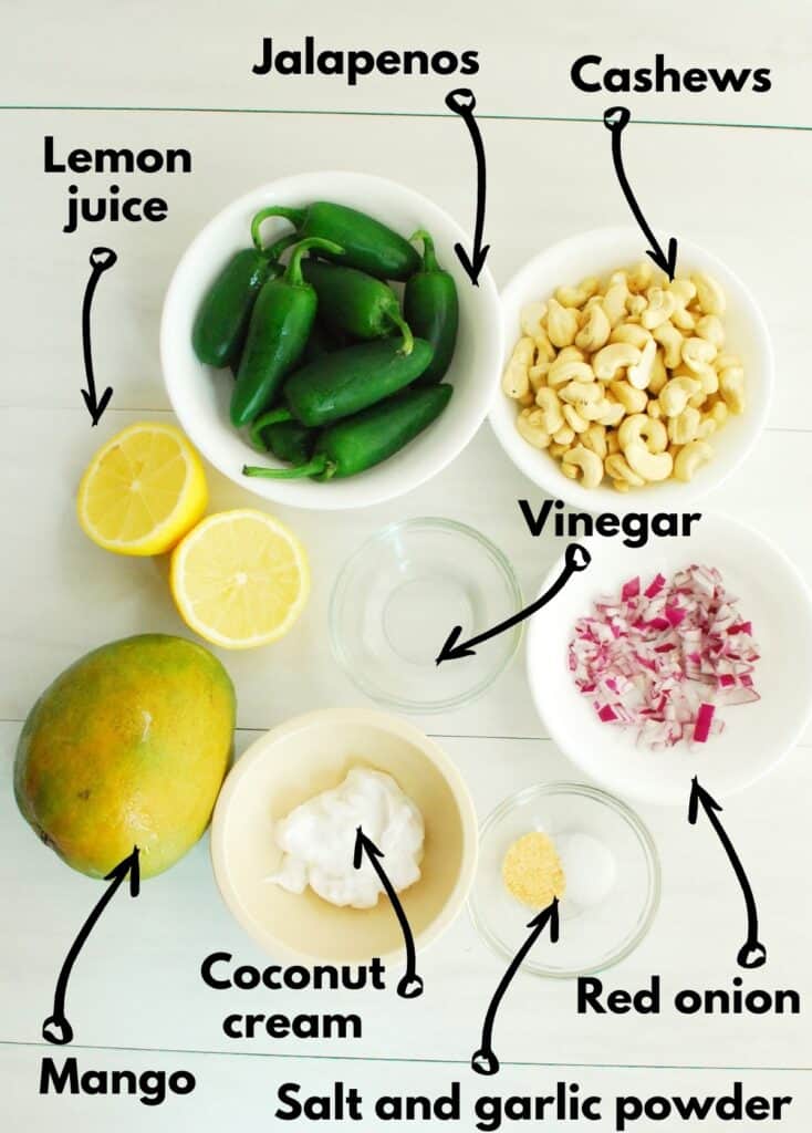 All the ingredients - jalapenos, cashews, red onion, vinegar, lemon, mango, coconut cream, salt, and garlic powder.