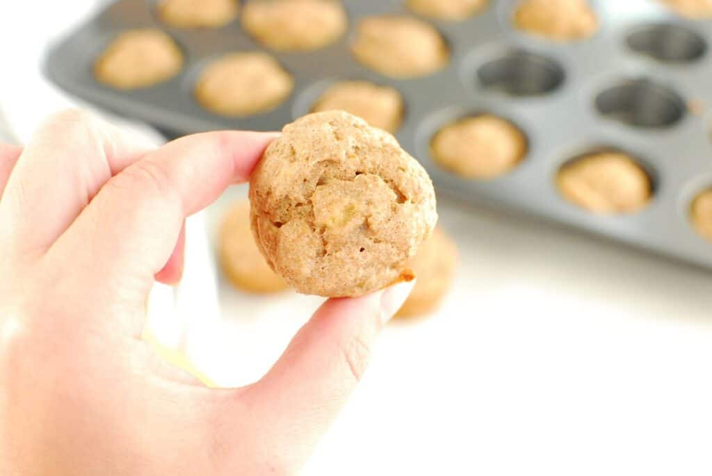 A woman's hand holding a baby banana muffin.