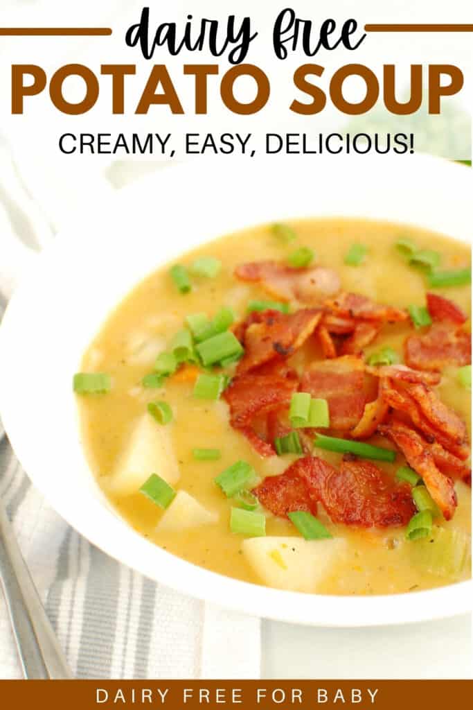 A bowl of dairy free potato soup garnished with bacon and chives.