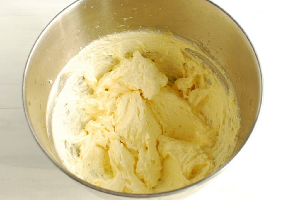 The pound cake batter after eggs and lemon juice were added.