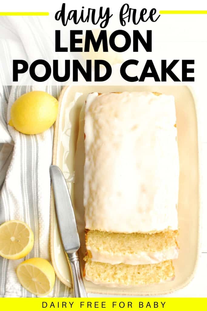 An overhead shot of a loaf of dairy free lemon pound cake next to a napkin, knife, and lemons.