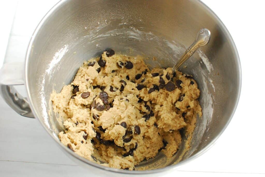 Cookie dough in a mixing bowl.