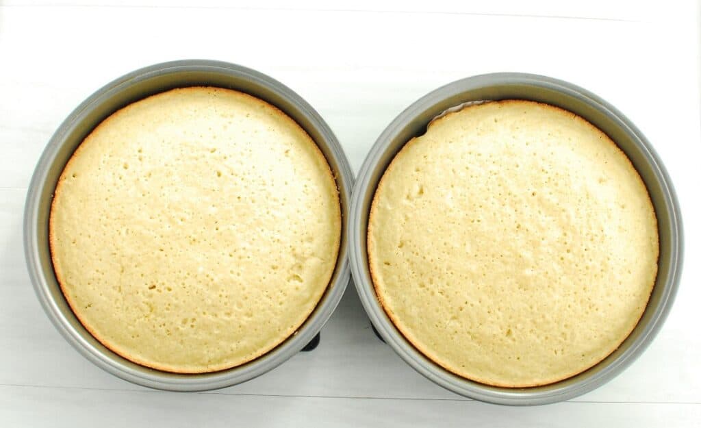Two baked cakes in 9-inch round pans.