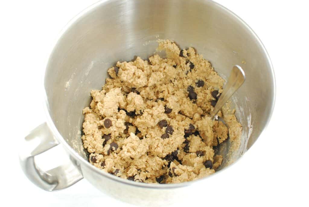 Cookie dough in a mixing bowl.