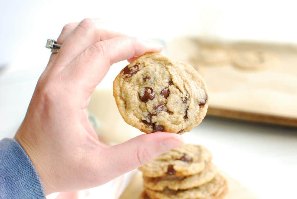 A woman's hand holding a coconut oil chocolate chip cookie.