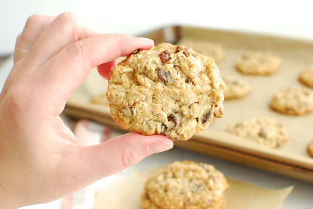 A woman's hand holding a cowboy cookie.