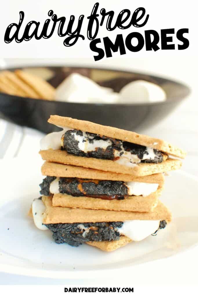 A stack of dairy free smores with a text overlay for Pinterest.