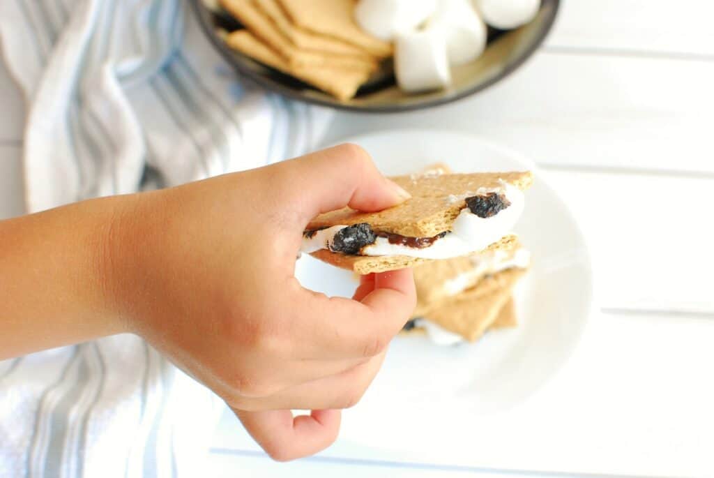 A child's hand holding a dairy free smore.