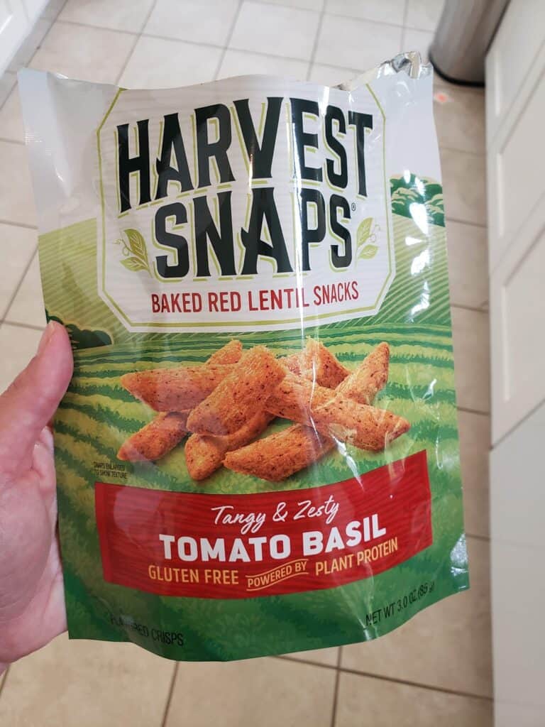 A package of tomato basil Harvest Snaps.